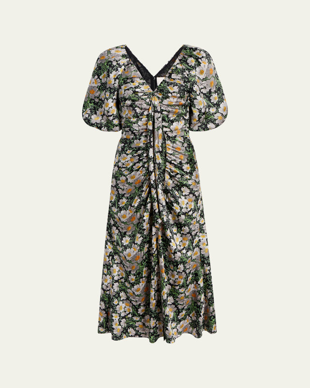 Brenton Puff-Sleeve Cosmo-Flower Midi Dress
